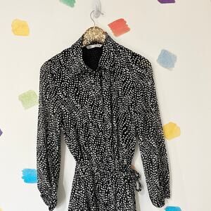 L Zara Black White Polka Dot Long Sleeve Shirt Dress